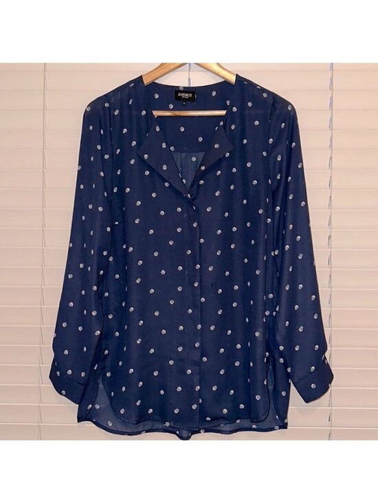 Jeanswest Tops - Jeanswest 10 Navy Blush Pink Polka Spotted Button Front Long Sleeve Blouse
